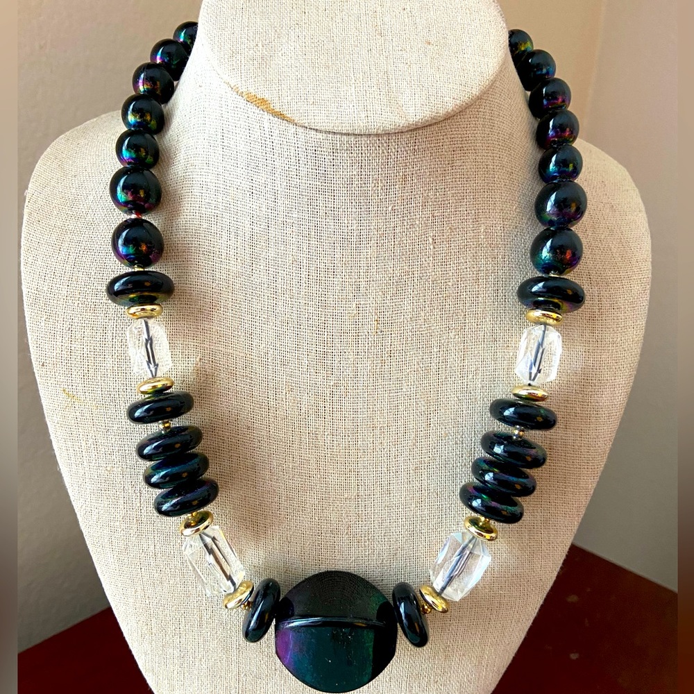 Vintage 90s Fat Chunky Black & Purple Acrylic Opalescent Necklace